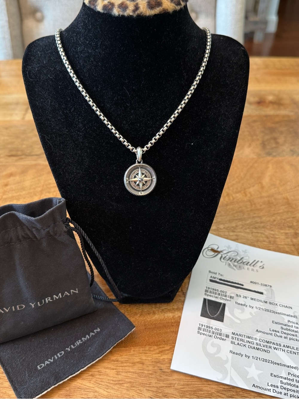 David Yurman Silver and Black Compass Pendant Necklace